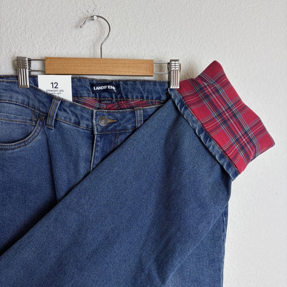 Lands End Womens 12 Straight Leg Red Plaid Flannel Lined Jeans Medium Wash NEW